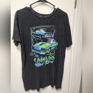 Dark Grey Camaro Graphic Tee with Blue-Green Racing Print Size M